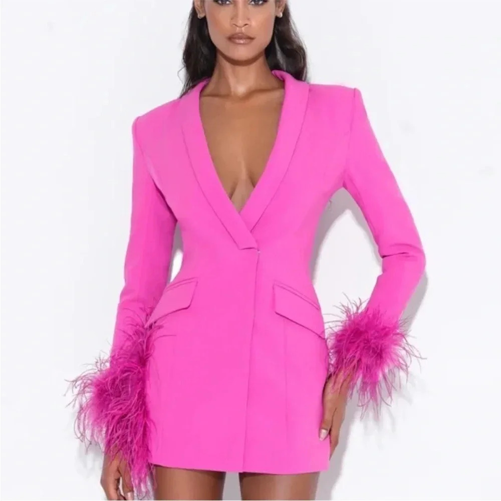 Miss Circle Madeline Fuchsia Feather Trim Blazer Dress Barbiecore Chic Size XXS